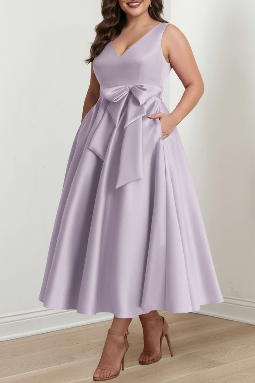 A-Line/Princess V-Neck Sleeveless Ankle-Length Plus Size Mother of the Bride Dresses with Pockets & Ruffles