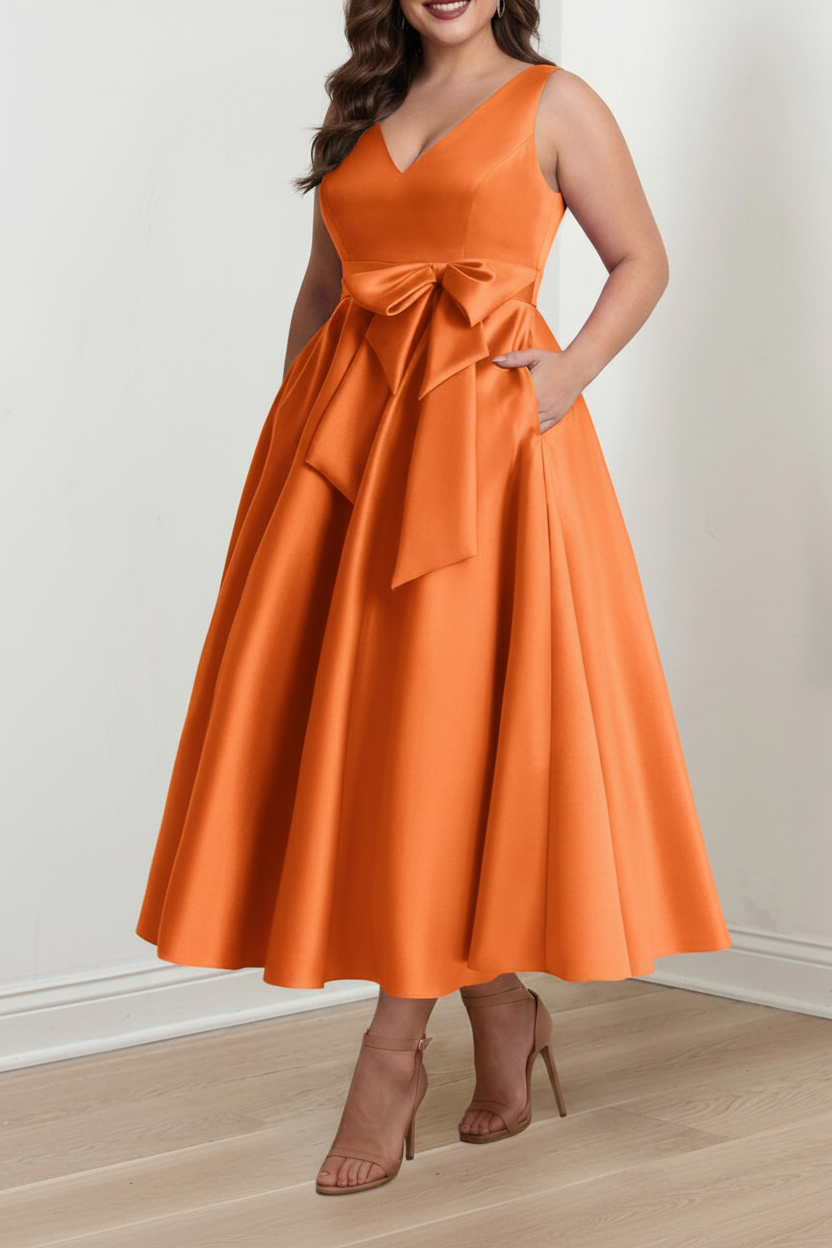 A-Line/Princess V-Neck Sleeveless Ankle-Length Plus Size Mother of the Bride Dresses with Pockets & Ruffles