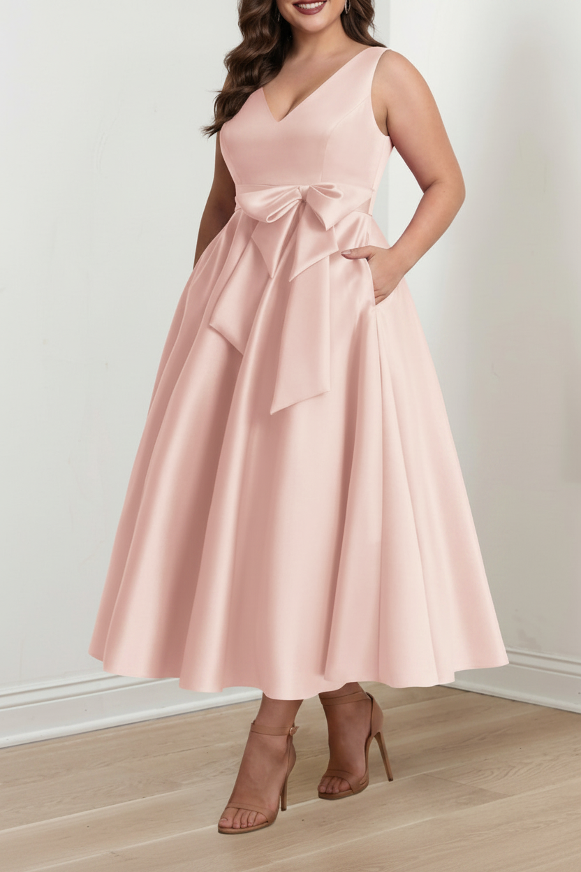 A-Line/Princess V-Neck Sleeveless Ankle-Length Plus Size Mother of the Bride Dresses with Pockets & Ruffles
