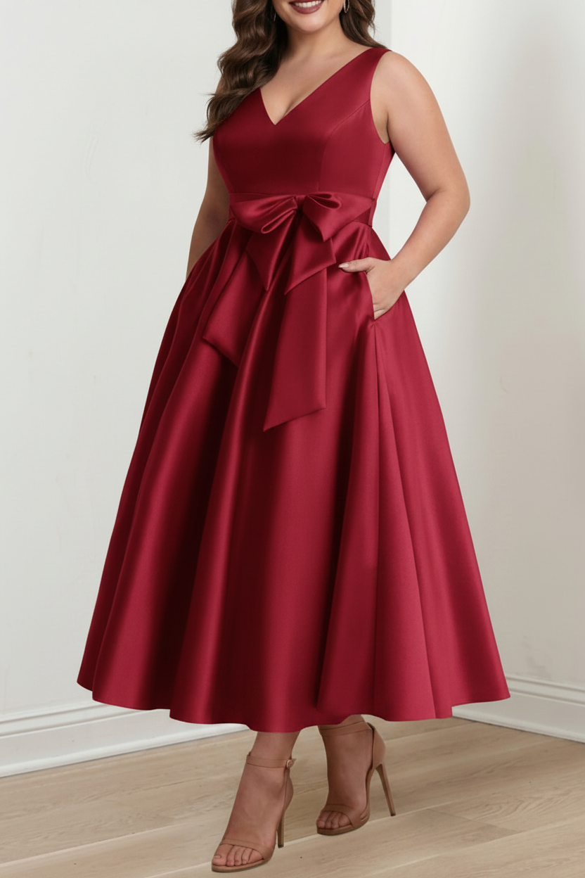 A-Line/Princess V-Neck Sleeveless Ankle-Length Plus Size Mother of the Bride Dresses with Pockets & Ruffles