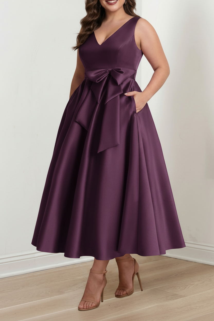 A-Line/Princess V-Neck Sleeveless Ankle-Length Plus Size Mother of the Bride Dresses with Pockets & Ruffles