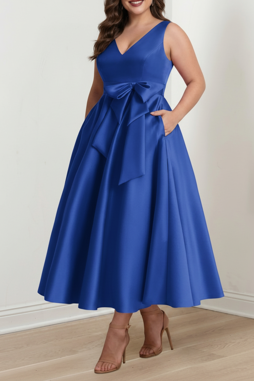 A-Line/Princess V-Neck Sleeveless Ankle-Length Plus Size Mother of the Bride Dresses with Pockets & Ruffles