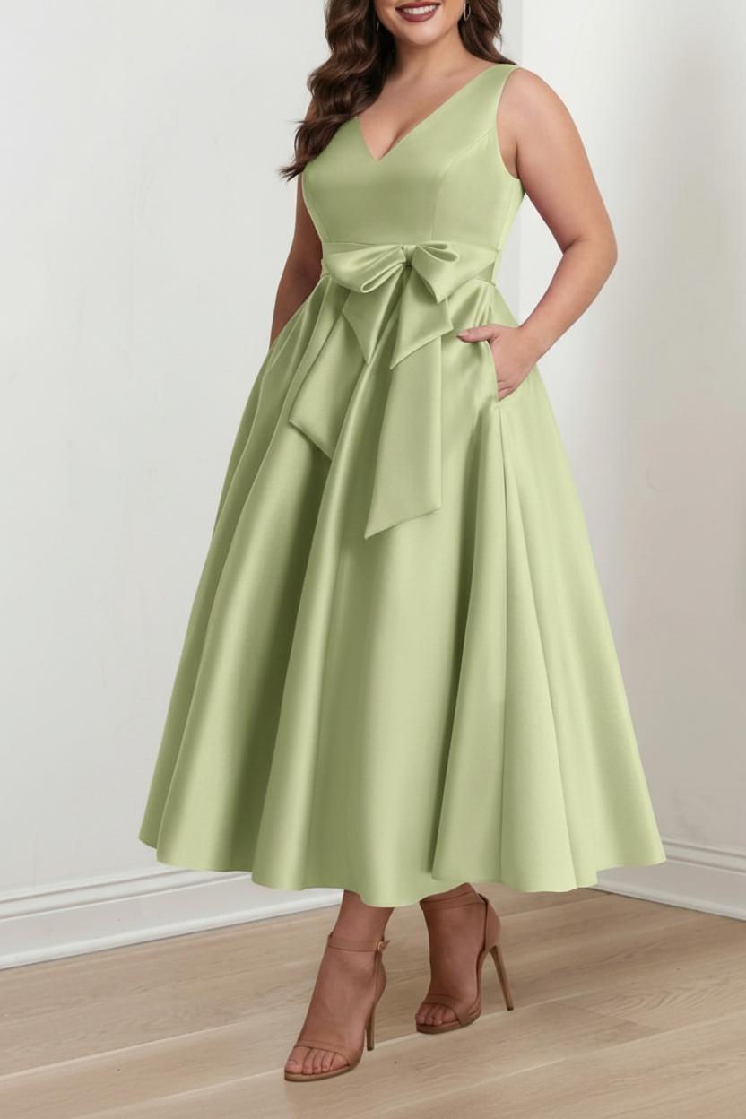 A-Line/Princess V-Neck Sleeveless Ankle-Length Plus Size Mother of the Bride Dresses with Pockets & Ruffles