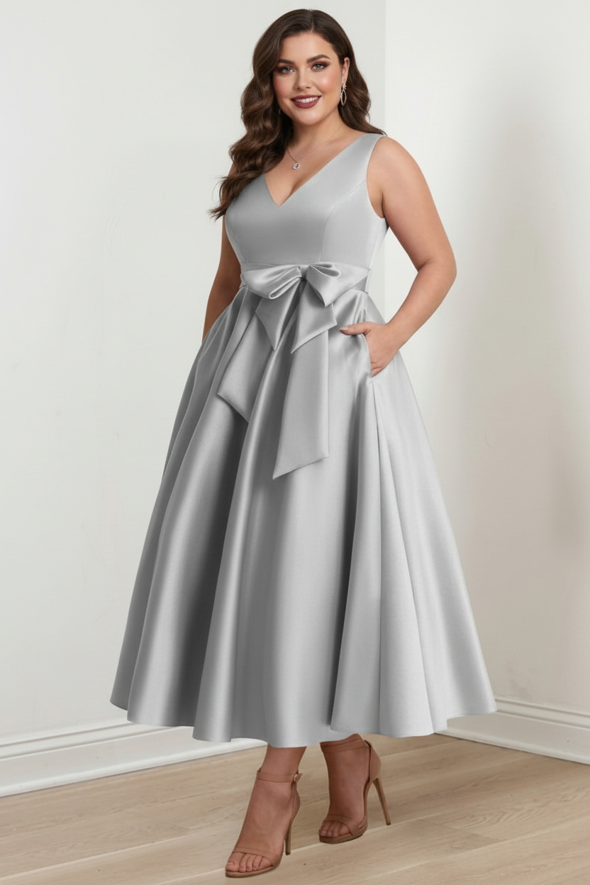 A-Line/Princess V-Neck Sleeveless Ankle-Length Plus Size Mother of the Bride Dresses with Pockets & Ruffles