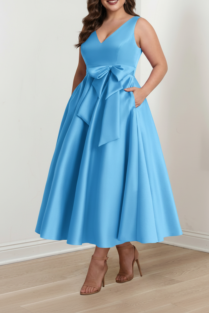 A-Line/Princess V-Neck Sleeveless Ankle-Length Plus Size Mother of the Bride Dresses with Pockets & Ruffles