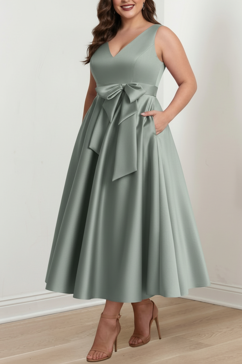 A-Line/Princess V-Neck Sleeveless Ankle-Length Plus Size Mother of the Bride Dresses with Pockets & Ruffles