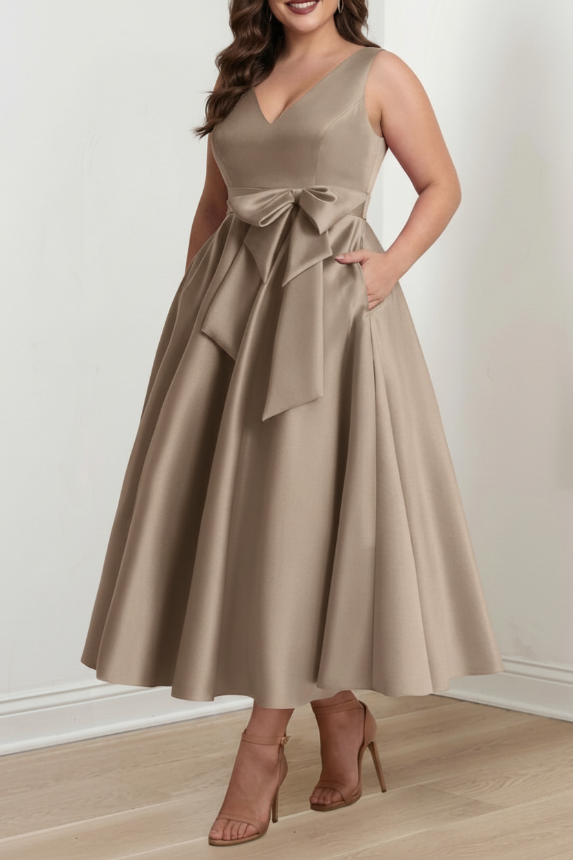 A-Line/Princess V-Neck Sleeveless Ankle-Length Plus Size Mother of the Bride Dresses with Pockets & Ruffles