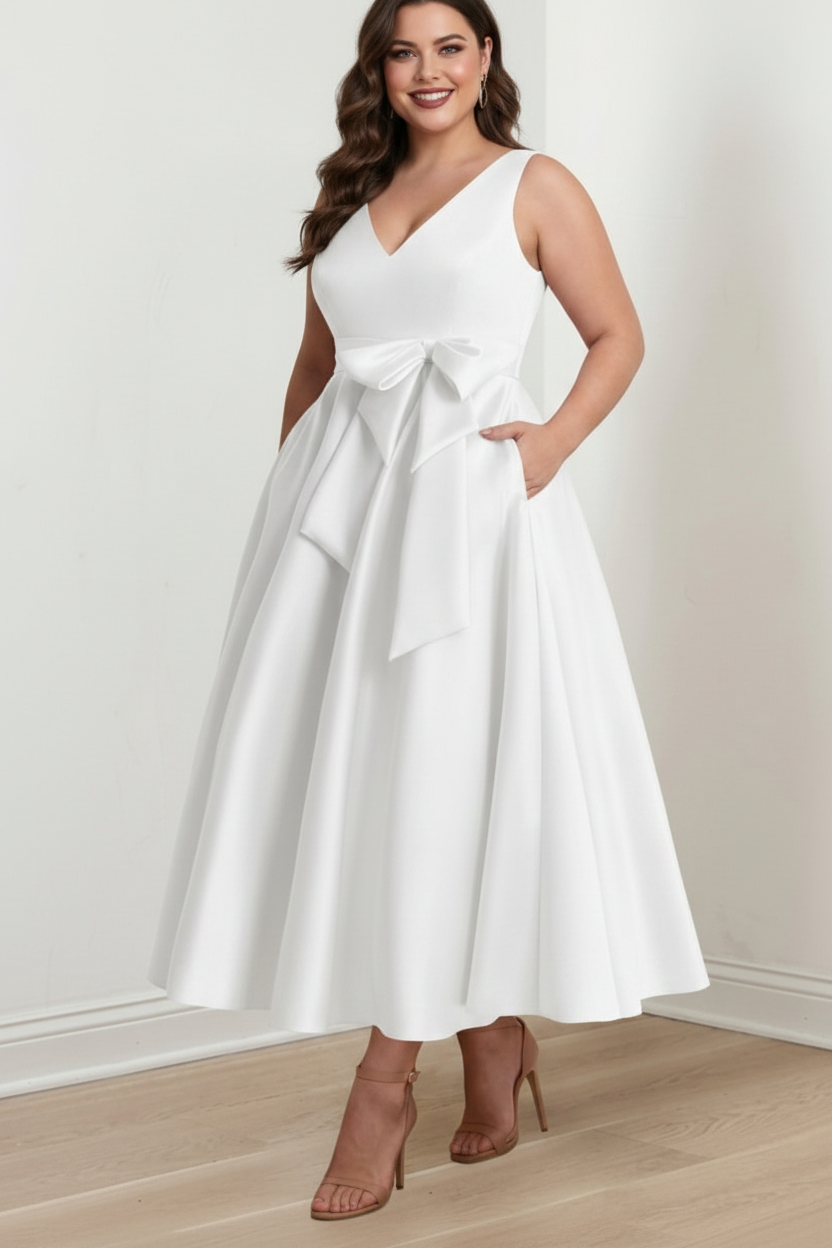 A-Line/Princess V-Neck Sleeveless Ankle-Length Plus Size Mother of the Bride Dresses with Pockets & Ruffles