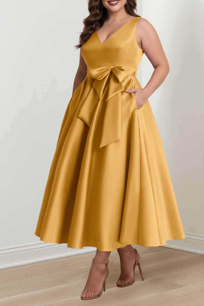 A-Line/Princess V-Neck Sleeveless Ankle-Length Plus Size Mother of the Bride Dresses with Pockets & Ruffles