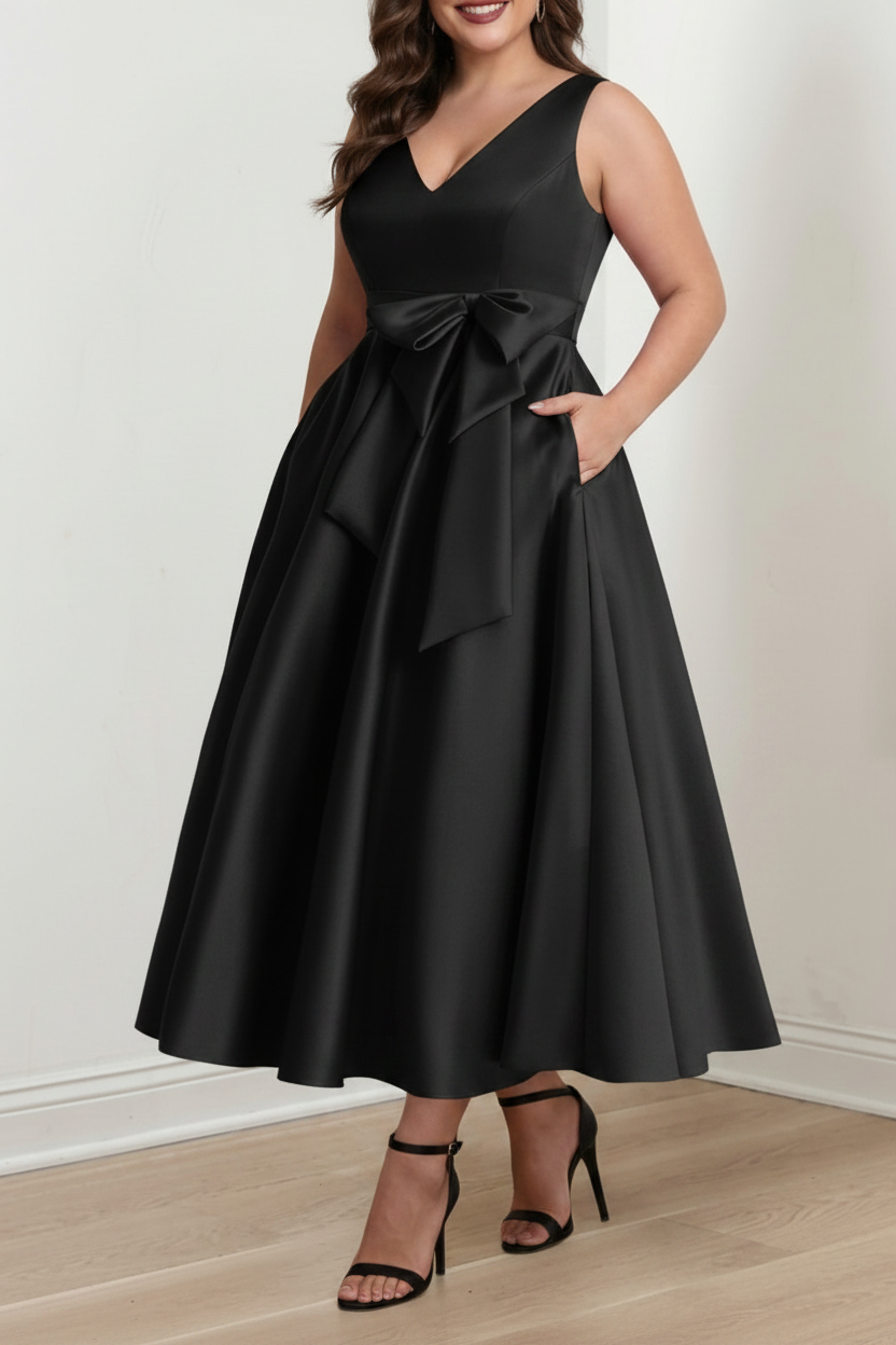 A-Line/Princess V-Neck Sleeveless Ankle-Length Plus Size Mother of the Bride Dresses with Pockets & Ruffles