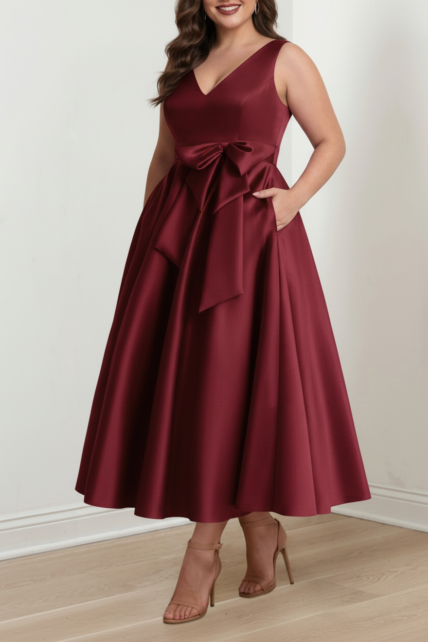 A-Line/Princess V-Neck Sleeveless Ankle-Length Plus Size Mother of the Bride Dresses with Pockets & Ruffles