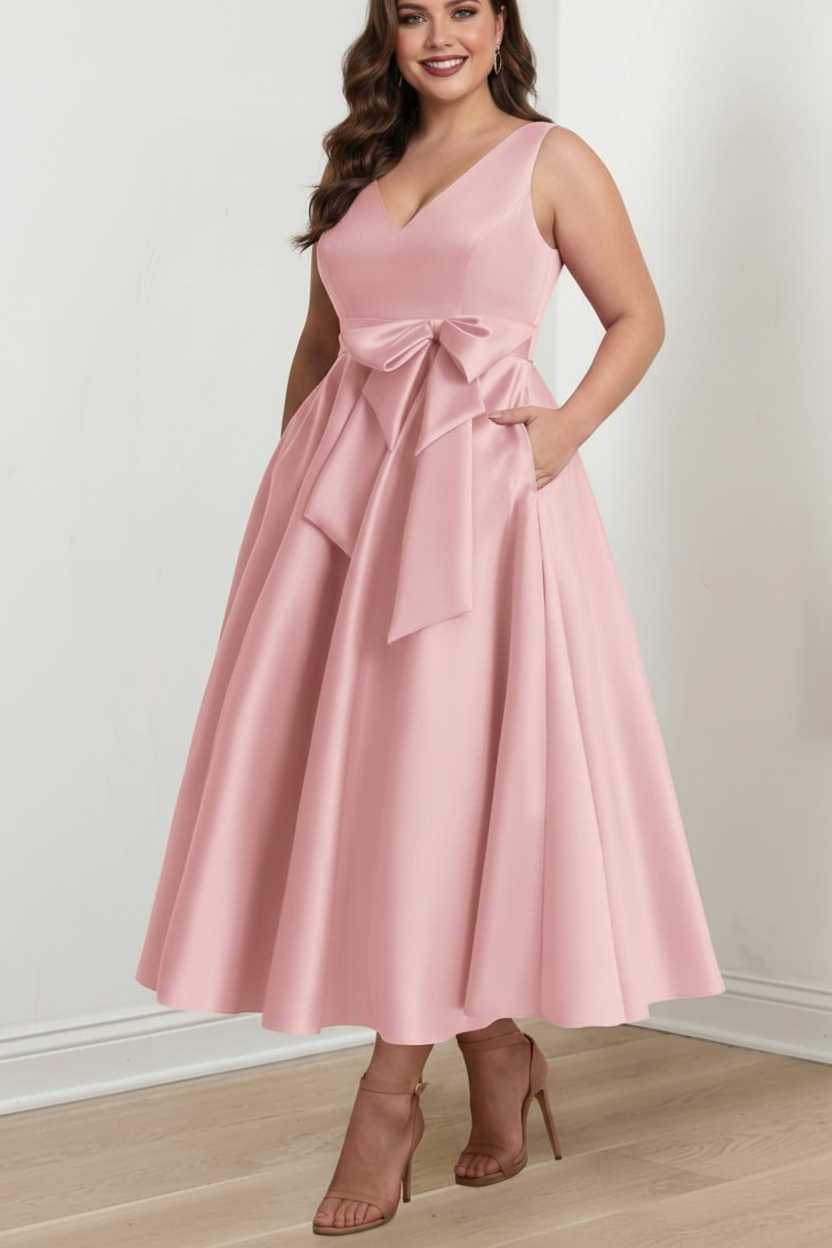 A-Line/Princess V-Neck Sleeveless Ankle-Length Plus Size Mother of the Bride Dresses with Pockets & Ruffles