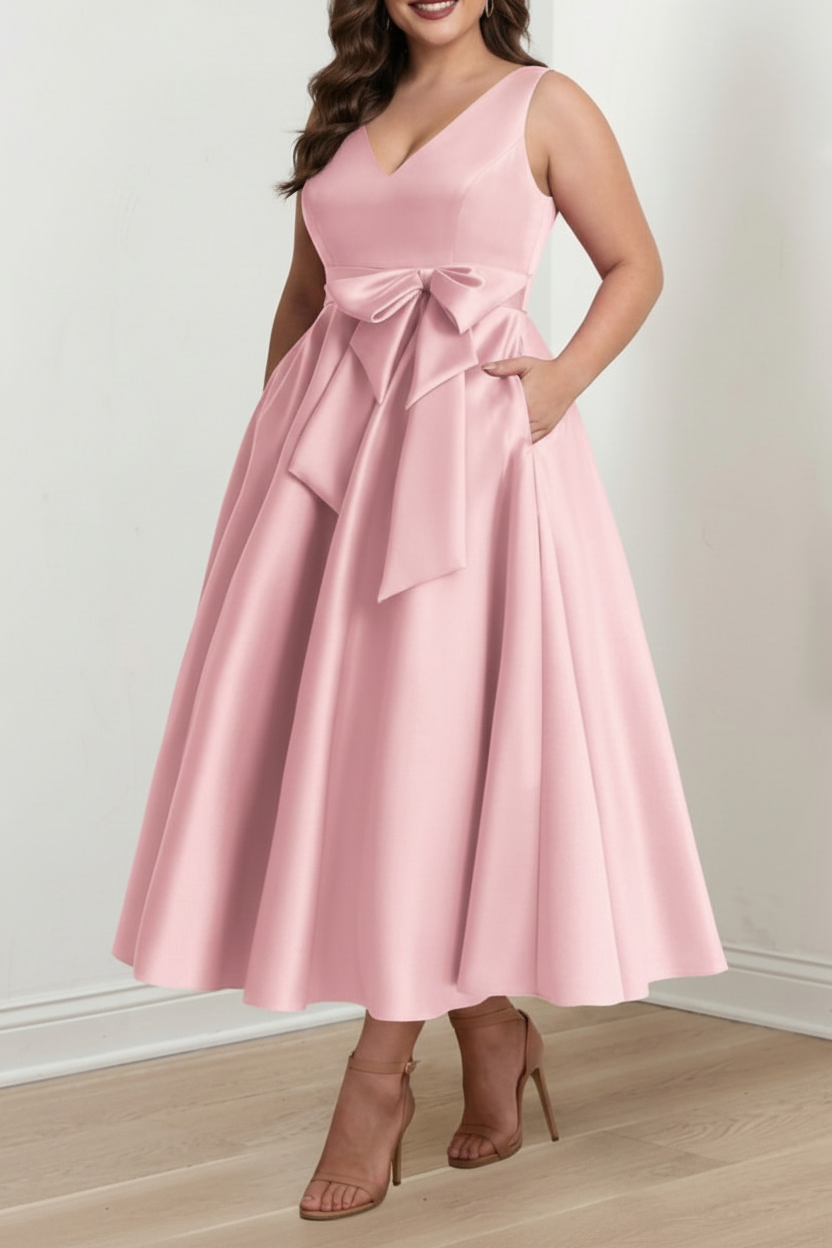A-Line/Princess V-Neck Sleeveless Ankle-Length Plus Size Mother of the Bride Dresses with Pockets & Ruffles