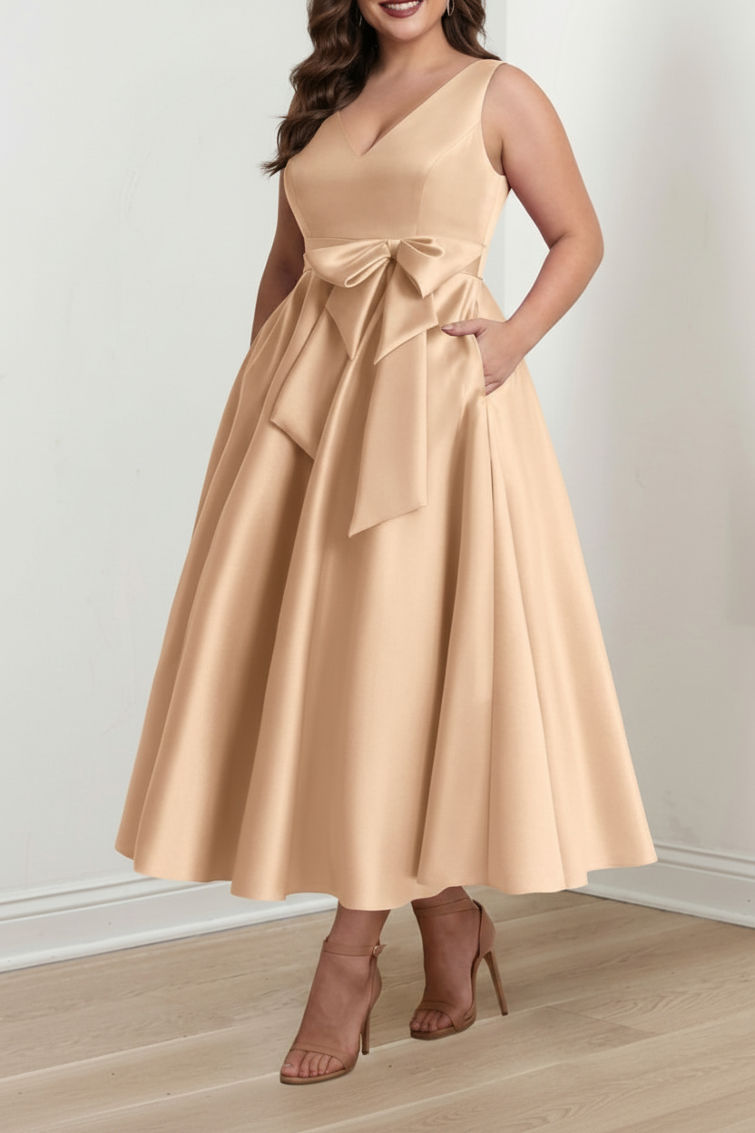 A-Line/Princess V-Neck Sleeveless Ankle-Length Plus Size Mother of the Bride Dresses with Pockets & Ruffles