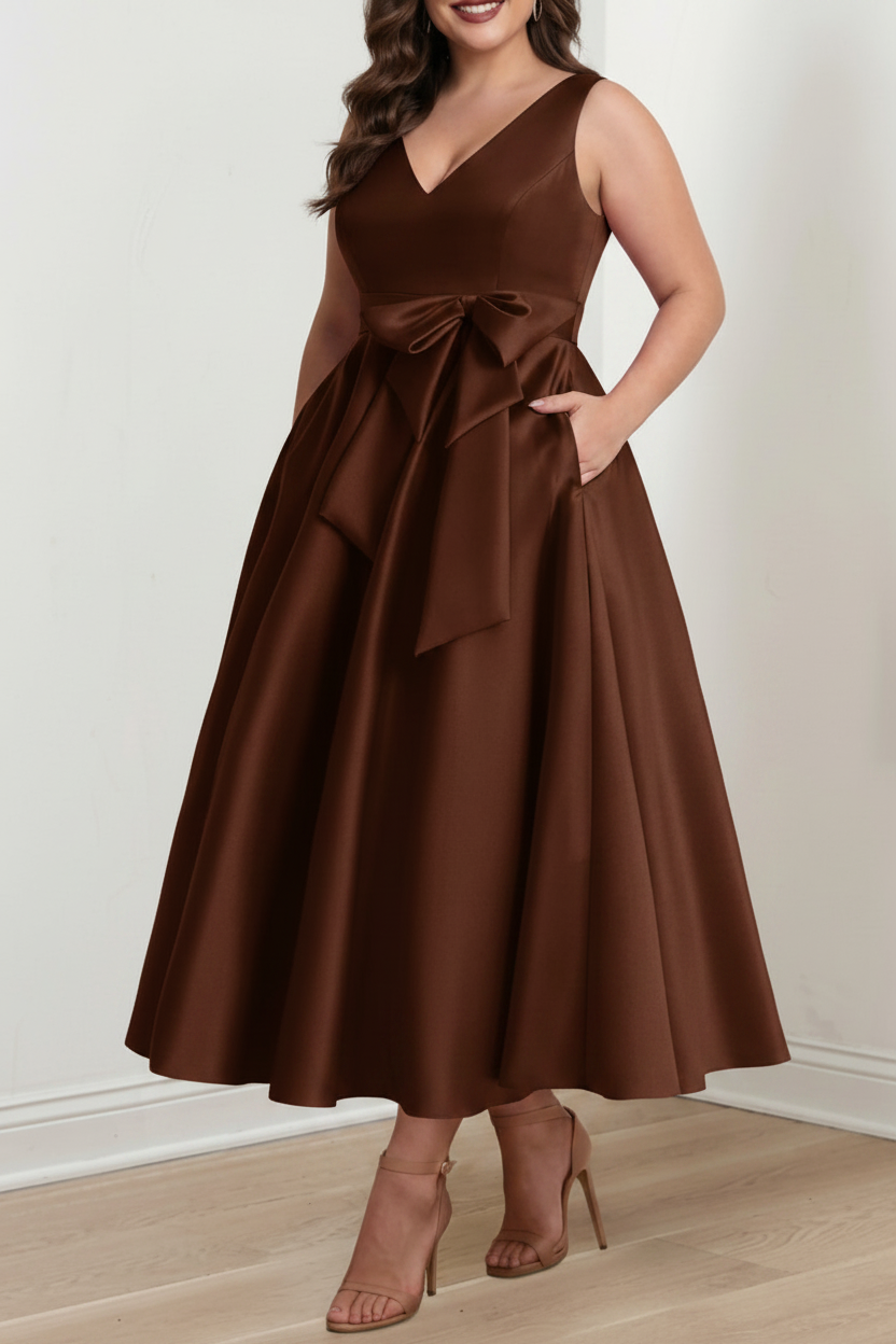 A-Line/Princess V-Neck Sleeveless Ankle-Length Plus Size Mother of the Bride Dresses with Pockets & Ruffles