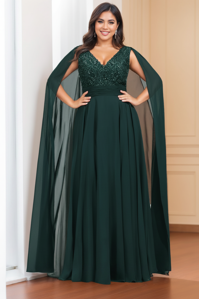 A-Line/Princess V-Neck Sleeveless Floor length Plus Size Mother of the Bride Dresses with Sequins & Watteau Train