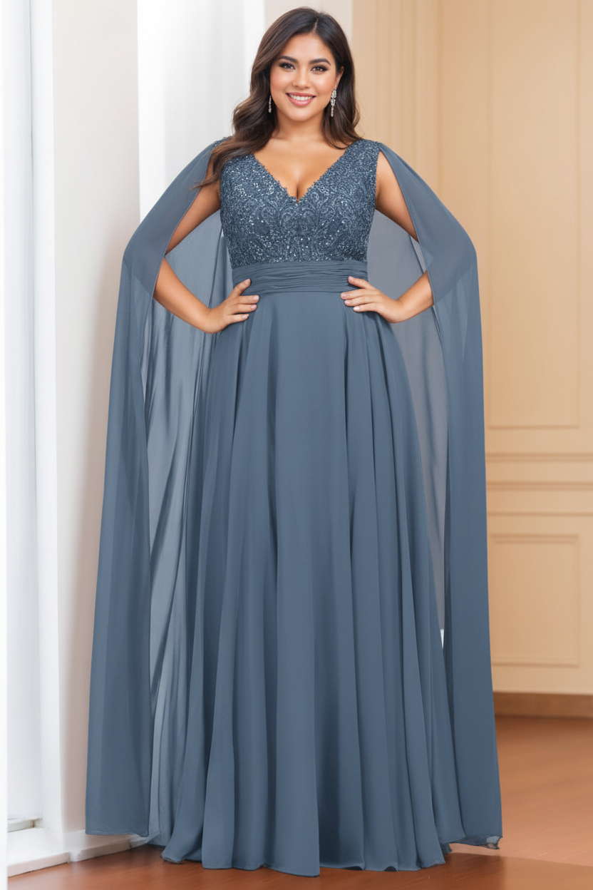 A-Line/Princess V-Neck Sleeveless Floor length Plus Size Mother of the Bride Dresses with Sequins & Watteau Train