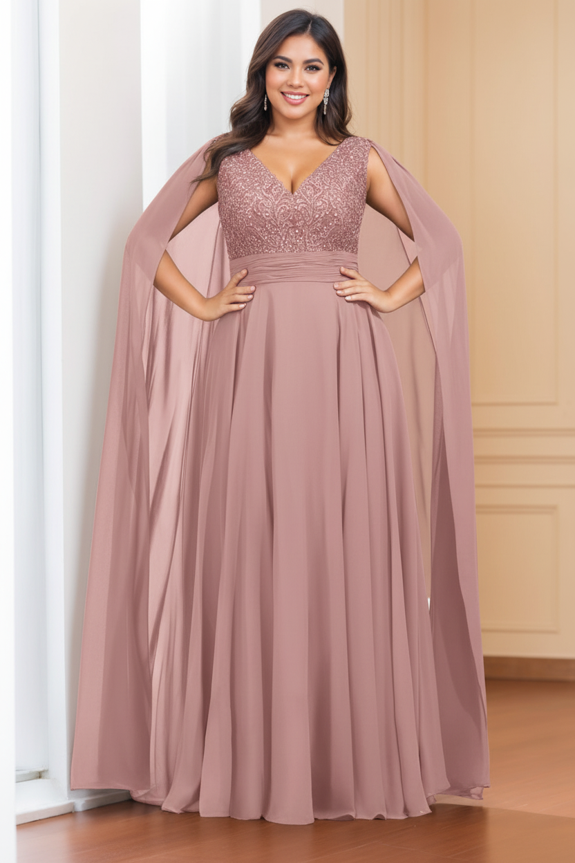 A-Line/Princess V-Neck Sleeveless Floor length Plus Size Mother of the Bride Dresses with Sequins & Watteau Train