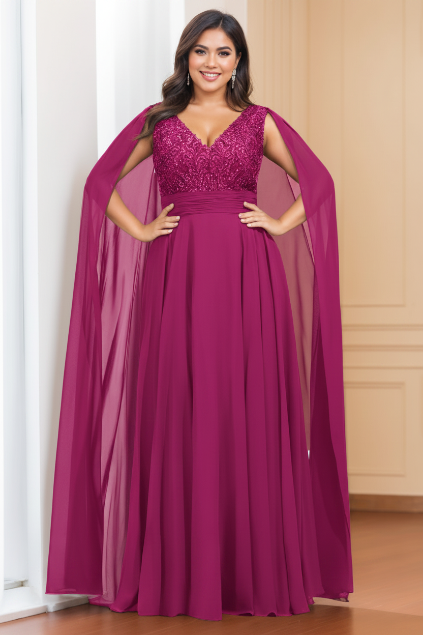 A-Line/Princess V-Neck Sleeveless Floor length Plus Size Mother of the Bride Dresses with Sequins & Watteau Train