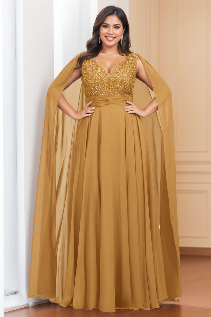 A-Line/Princess V-Neck Sleeveless Floor length Plus Size Mother of the Bride Dresses with Sequins & Watteau Train