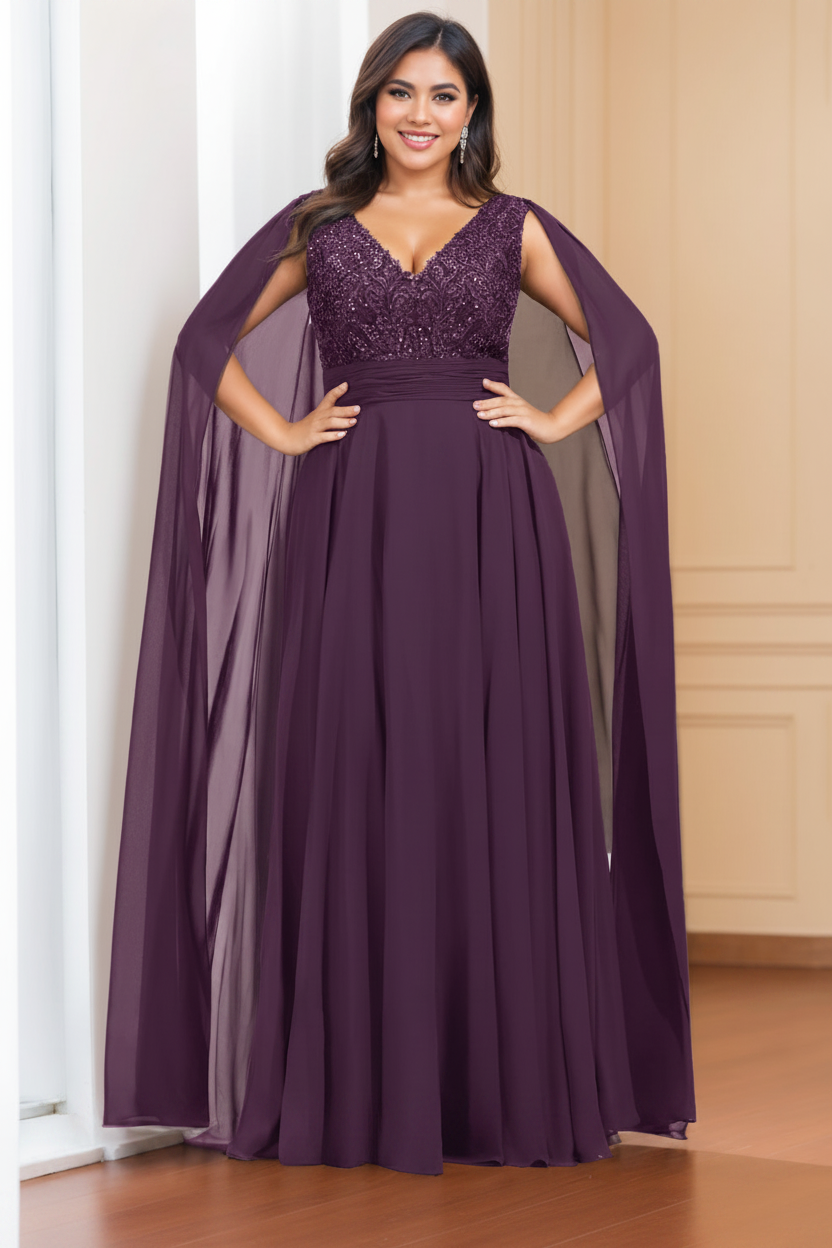 A-Line/Princess V-Neck Sleeveless Floor length Plus Size Mother of the Bride Dresses with Sequins & Watteau Train