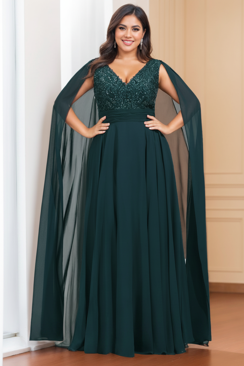 A-Line/Princess V-Neck Sleeveless Floor length Plus Size Mother of the Bride Dresses with Sequins & Watteau Train