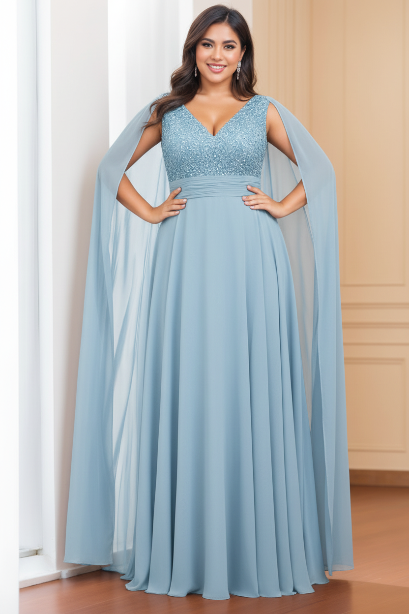A-Line/Princess V-Neck Sleeveless Floor length Plus Size Mother of the Bride Dresses with Sequins & Watteau Train