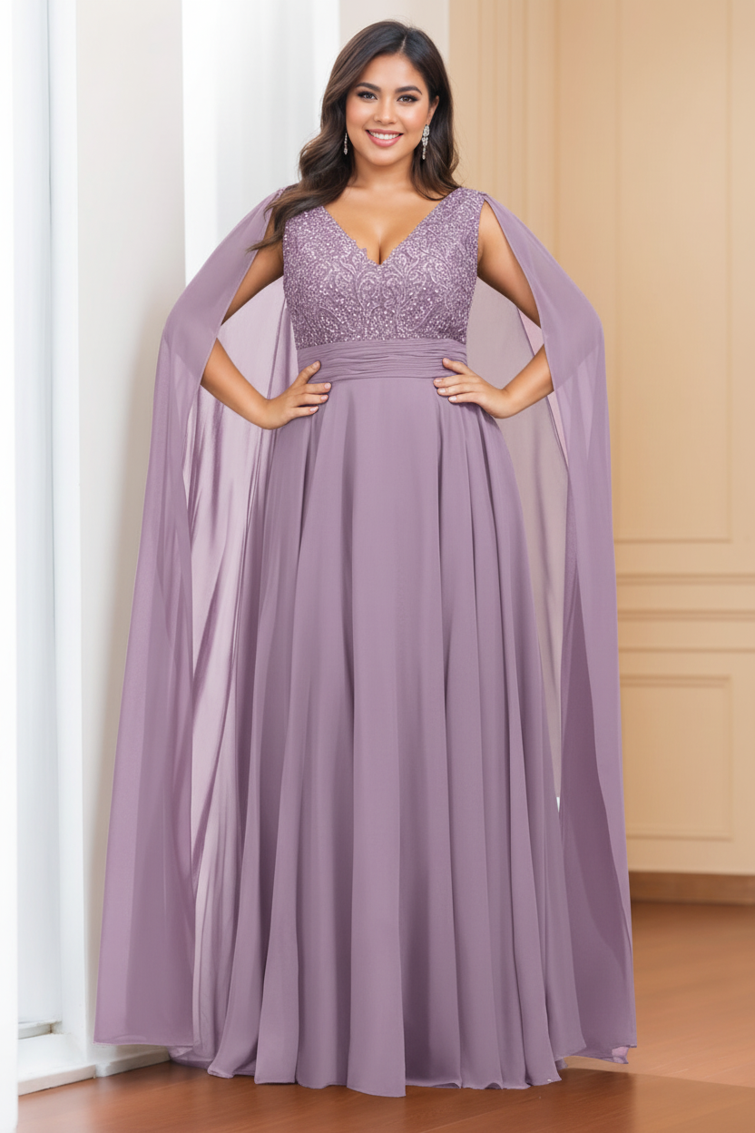 A-Line/Princess V-Neck Sleeveless Floor length Plus Size Mother of the Bride Dresses with Sequins & Watteau Train