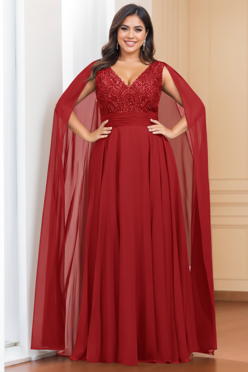 A-Line/Princess V-Neck Sleeveless Floor length Plus Size Mother of the Bride Dresses with Sequins & Watteau Train