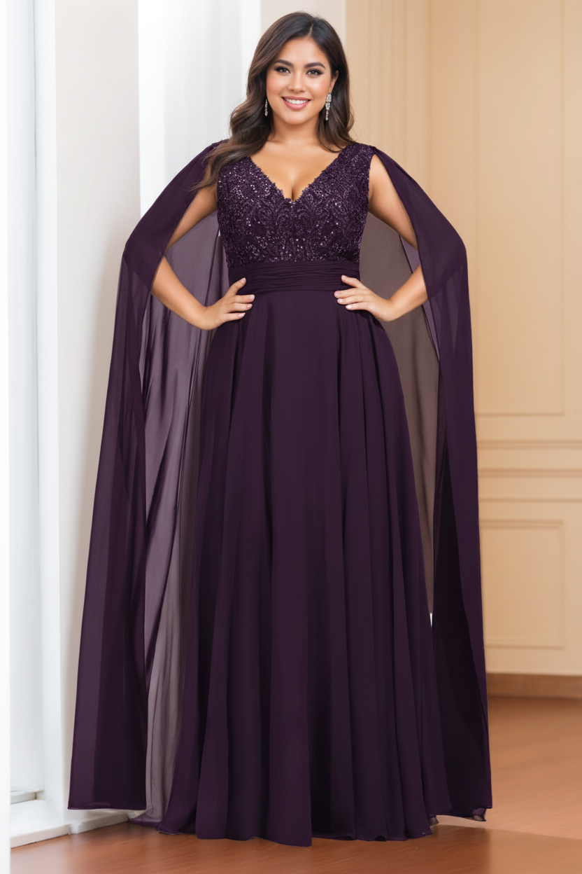 A-Line/Princess V-Neck Sleeveless Floor length Plus Size Mother of the Bride Dresses with Sequins & Watteau Train