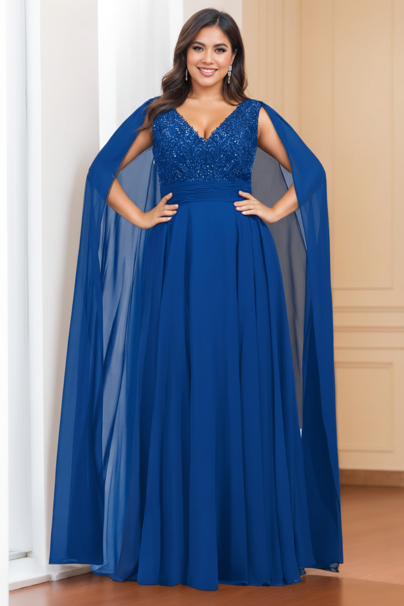 A-Line/Princess V-Neck Sleeveless Floor length Plus Size Mother of the Bride Dresses with Sequins & Watteau Train