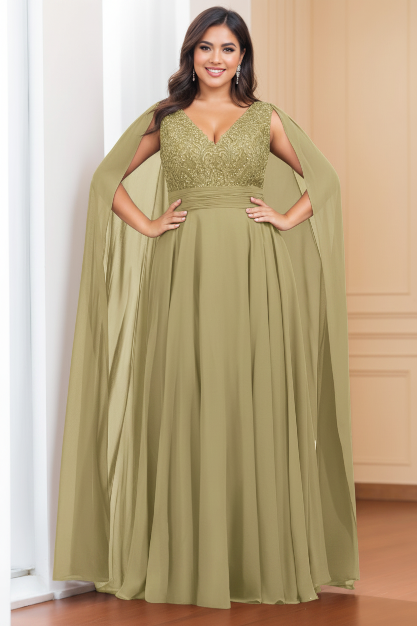 A-Line/Princess V-Neck Sleeveless Floor length Plus Size Mother of the Bride Dresses with Sequins & Watteau Train