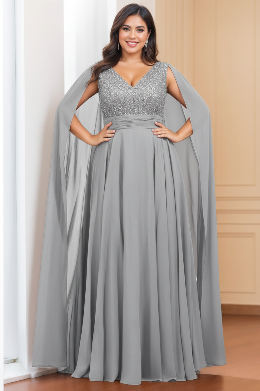 A-Line/Princess V-Neck Sleeveless Floor length Plus Size Mother of the Bride Dresses with Sequins & Watteau Train