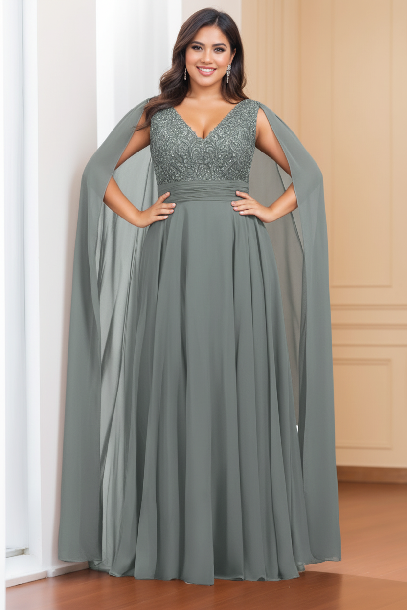 A-Line/Princess V-Neck Sleeveless Floor length Plus Size Mother of the Bride Dresses with Sequins & Watteau Train