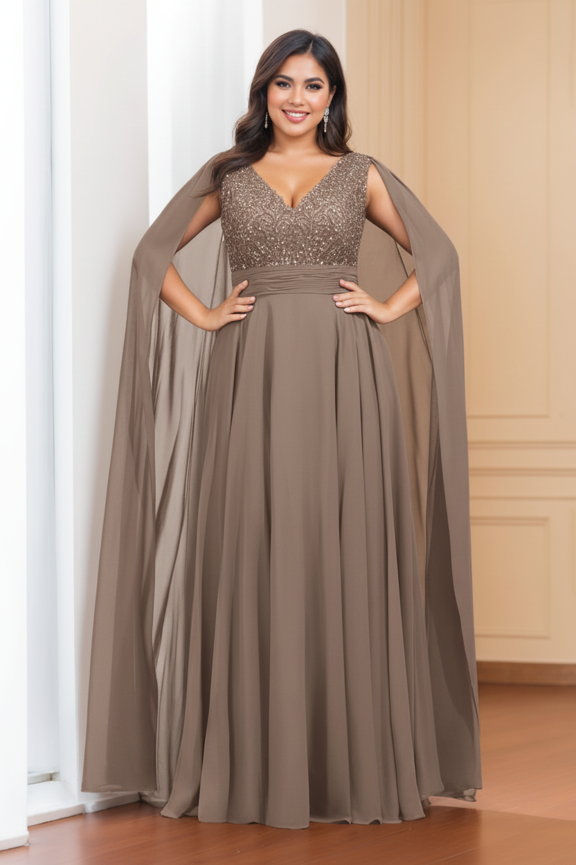 A-Line/Princess V-Neck Sleeveless Floor length Plus Size Mother of the Bride Dresses with Sequins & Watteau Train
