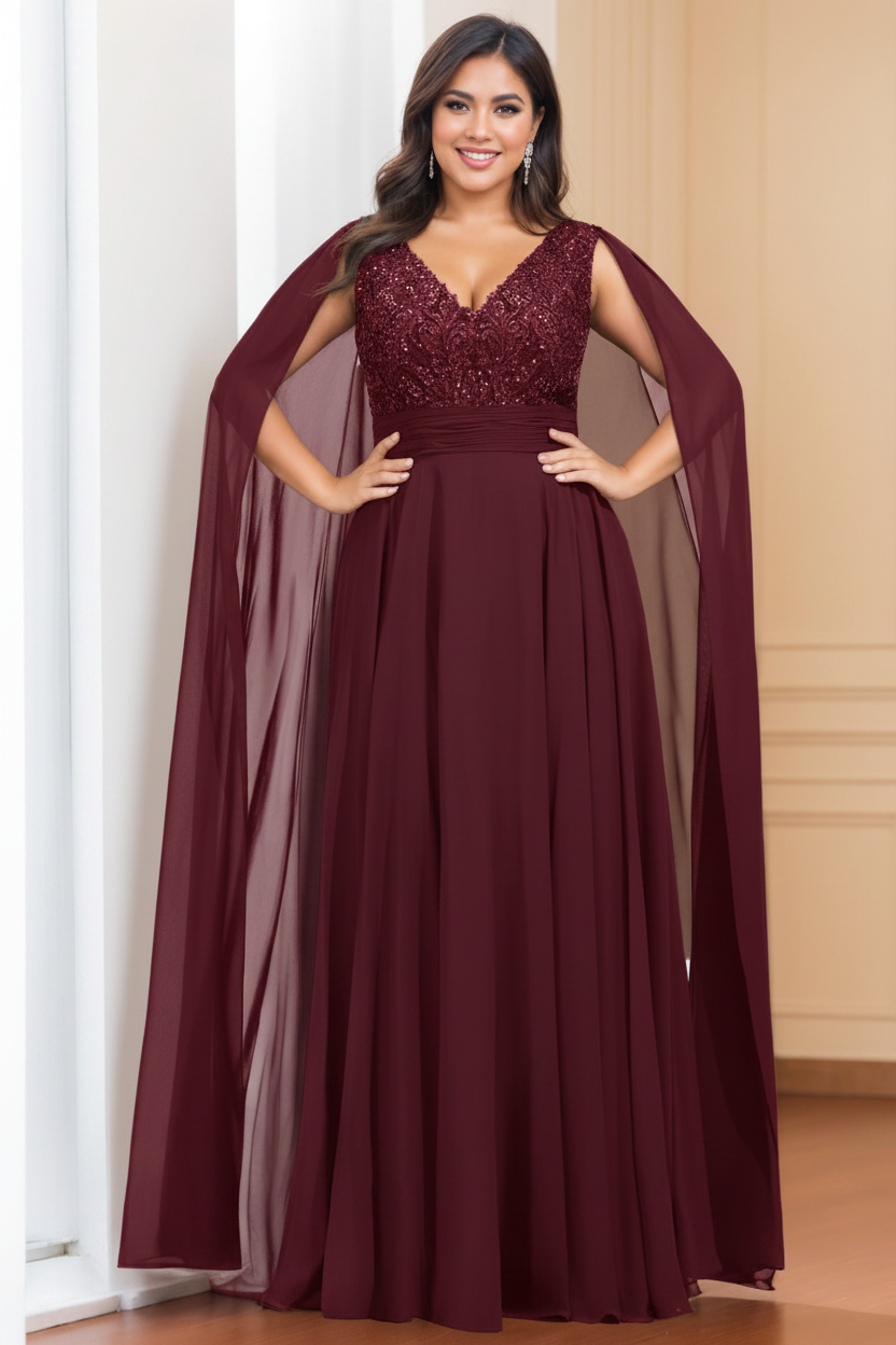 A-Line/Princess V-Neck Sleeveless Floor length Plus Size Mother of the Bride Dresses with Sequins & Watteau Train