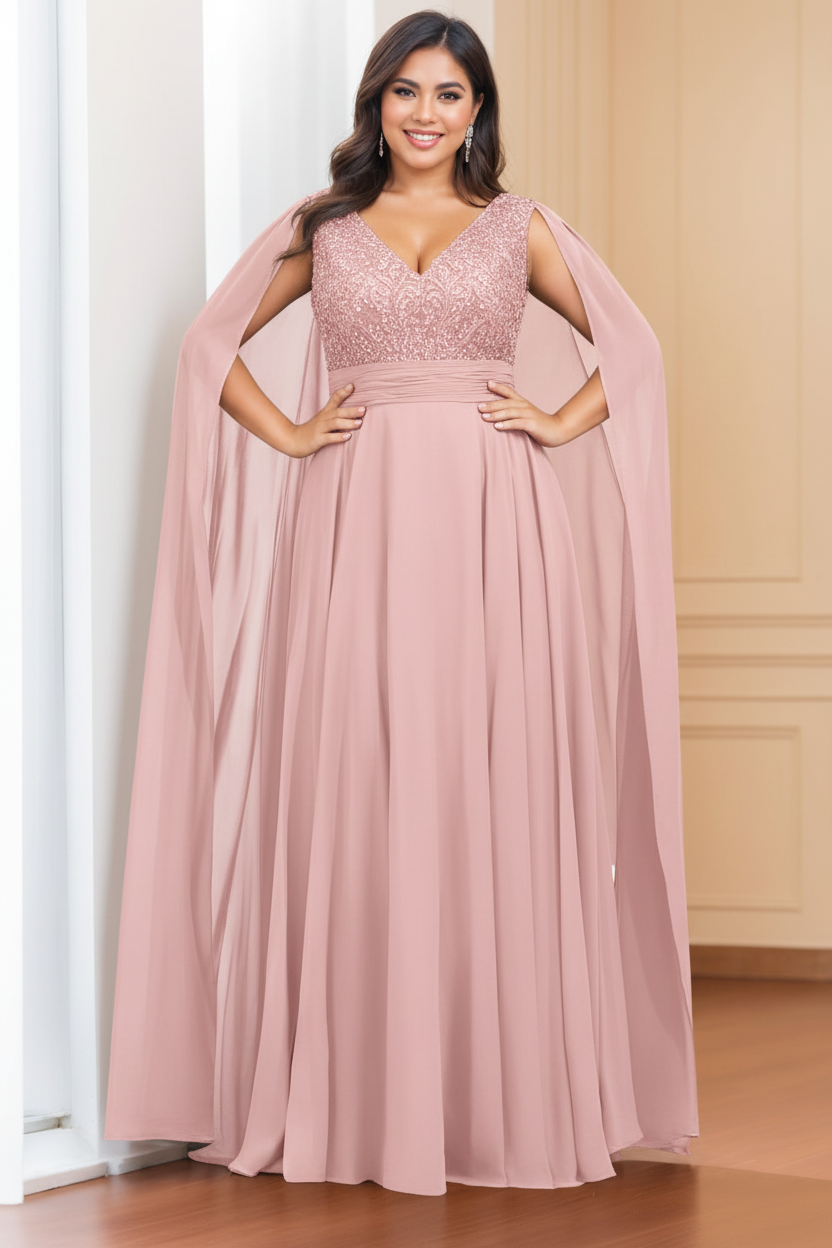 A-Line/Princess V-Neck Sleeveless Floor length Plus Size Mother of the Bride Dresses with Sequins & Watteau Train