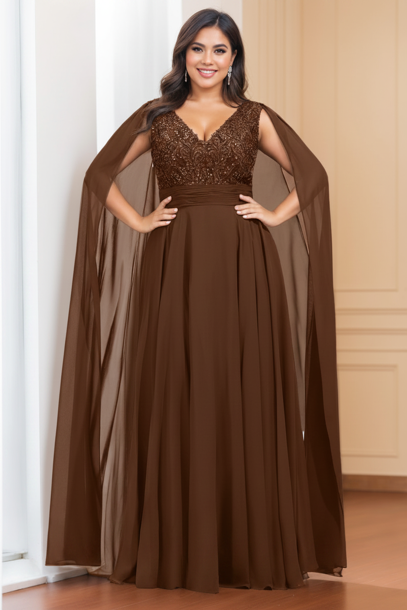 A-Line/Princess V-Neck Sleeveless Floor length Plus Size Mother of the Bride Dresses with Sequins & Watteau Train
