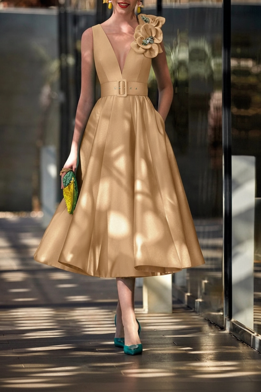 A-Line/Princess V-Neck Sleeveless Tea-Length Mother of the Bride Dresses with Sash