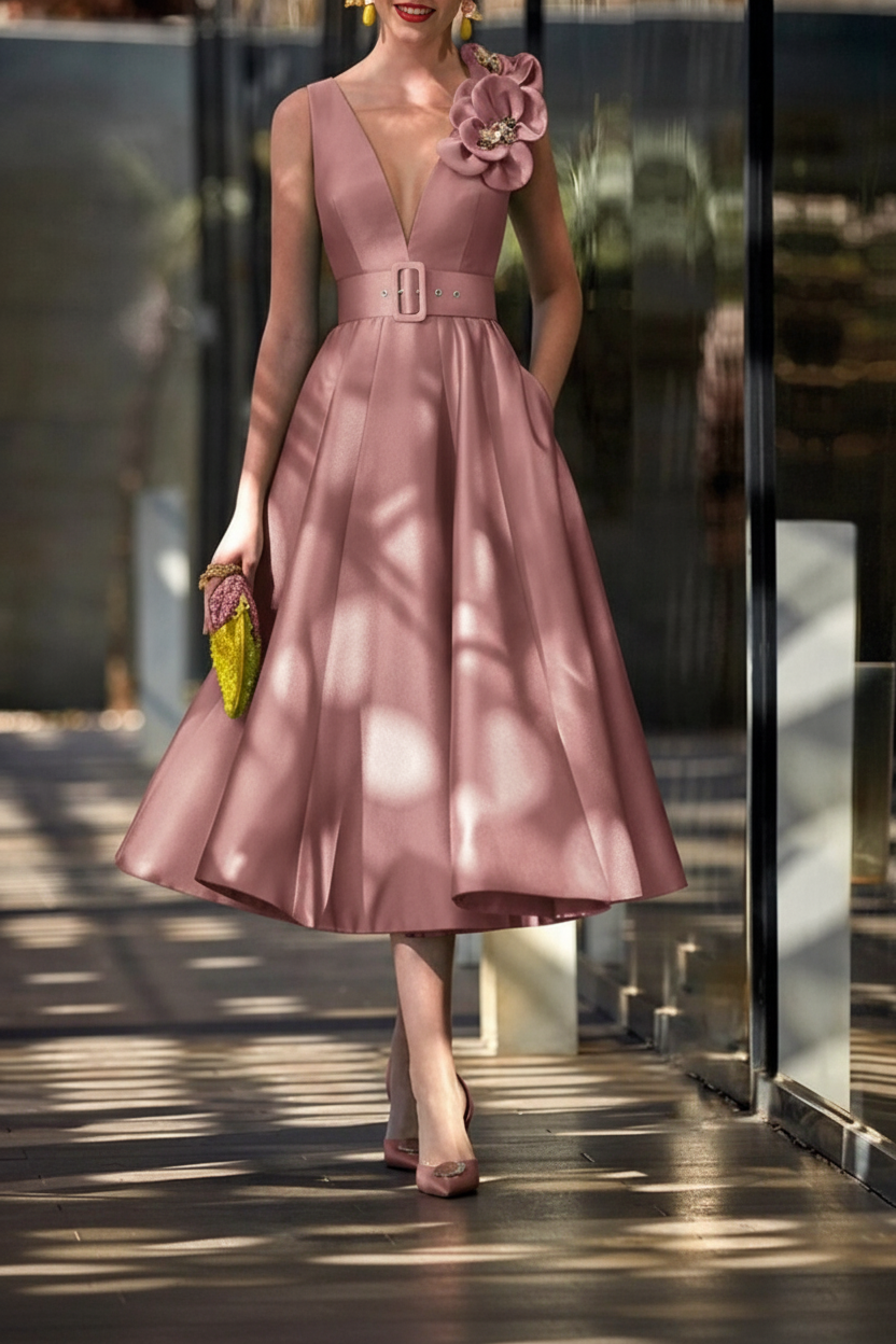 A-Line/Princess V-Neck Sleeveless Tea-Length Mother of the Bride Dresses with Sash