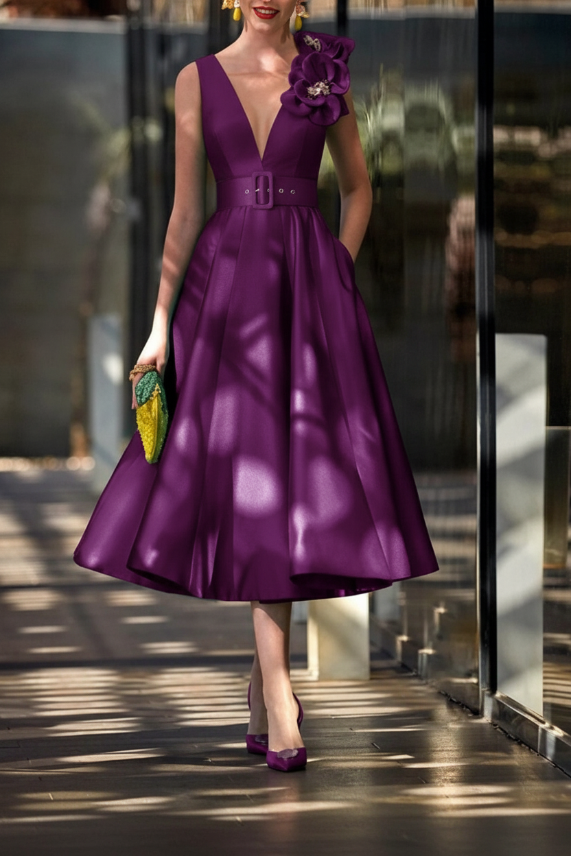 A-Line/Princess V-Neck Sleeveless Tea-Length Mother of the Bride Dresses with Sash