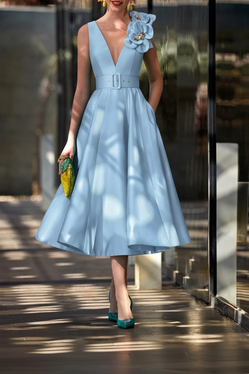 A-Line/Princess V-Neck Sleeveless Tea-Length Mother of the Bride Dresses with Sash