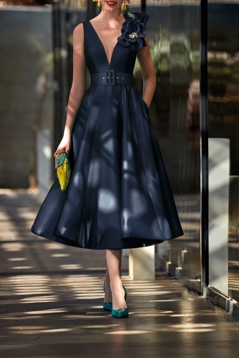 A-Line/Princess V-Neck Sleeveless Tea-Length Mother of the Bride Dresses with Sash