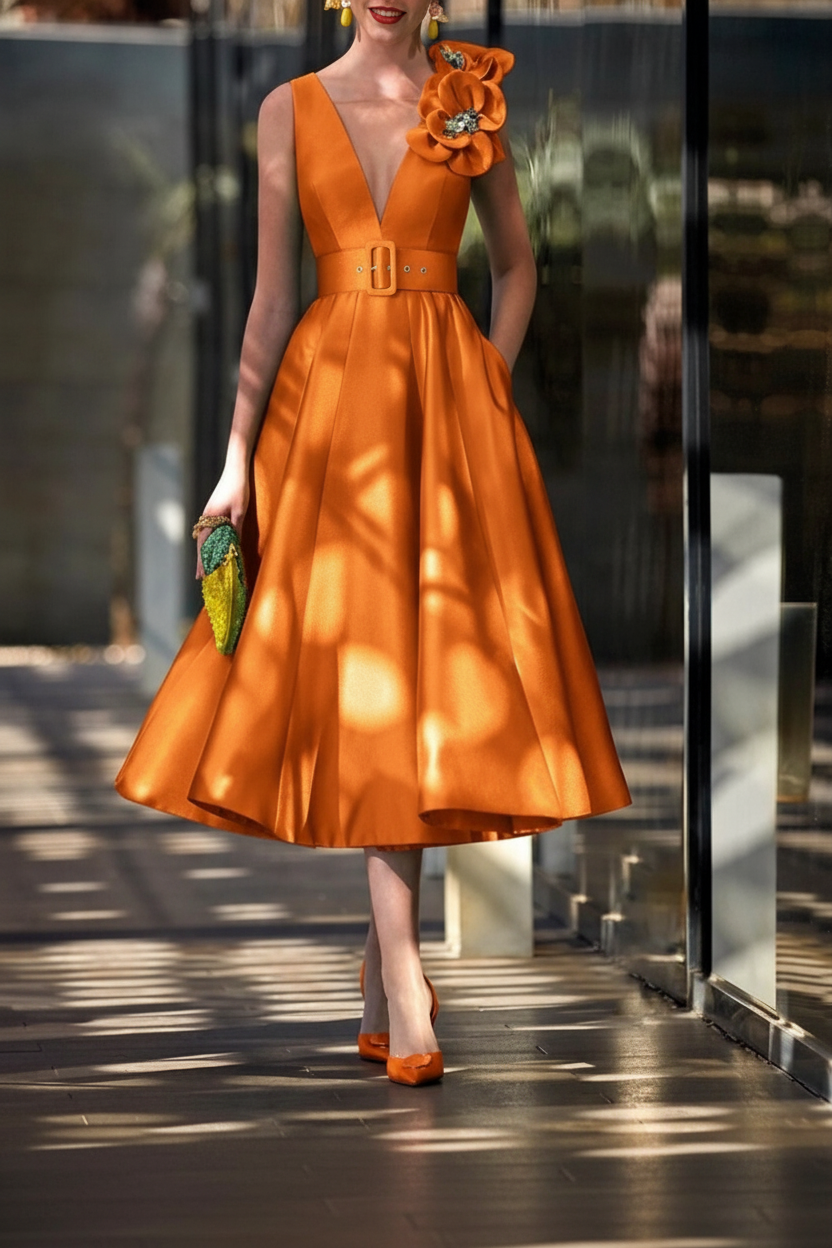 A-Line/Princess V-Neck Sleeveless Tea-Length Mother of the Bride Dresses with Sash