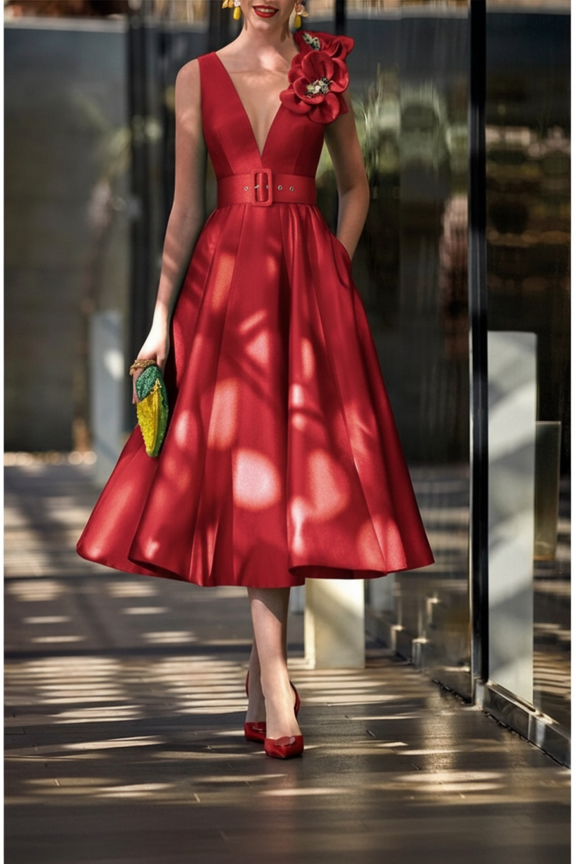 A-Line/Princess V-Neck Sleeveless Tea-Length Mother of the Bride Dresses with Sash