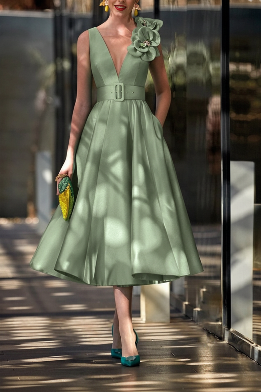 A-Line/Princess V-Neck Sleeveless Tea-Length Mother of the Bride Dresses with Sash