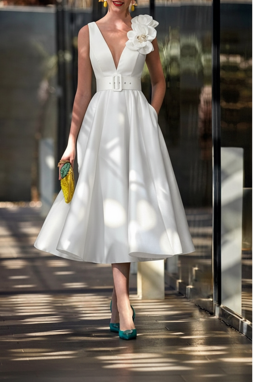 A-Line/Princess V-Neck Sleeveless Tea-Length Mother of the Bride Dresses with Sash
