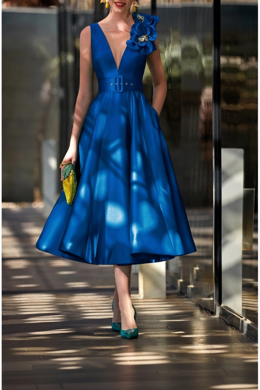 A-Line/Princess V-Neck Sleeveless Tea-Length Mother of the Bride Dresses with Sash