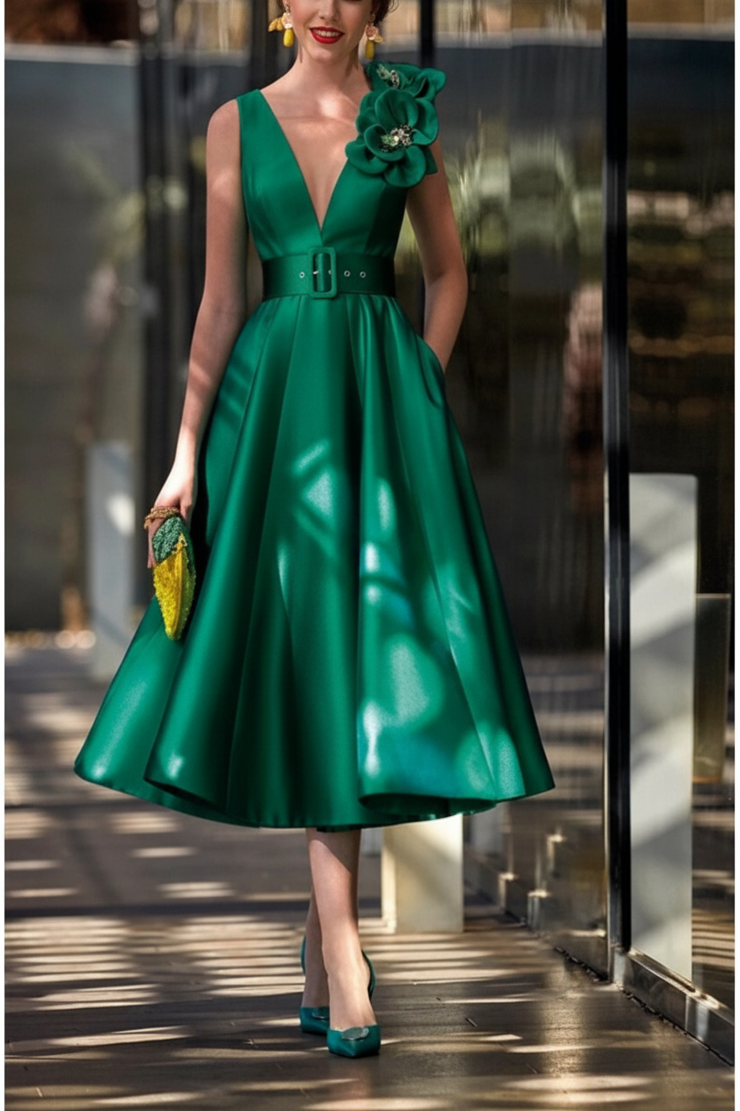 A-Line/Princess V-Neck Sleeveless Tea-Length Mother of the Bride Dresses with Sash
