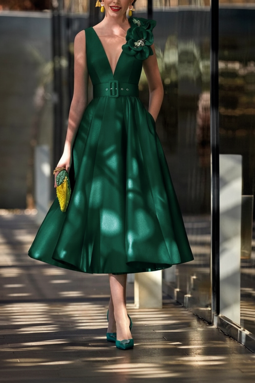 A-Line/Princess V-Neck Sleeveless Tea-Length Mother of the Bride Dresses with Sash